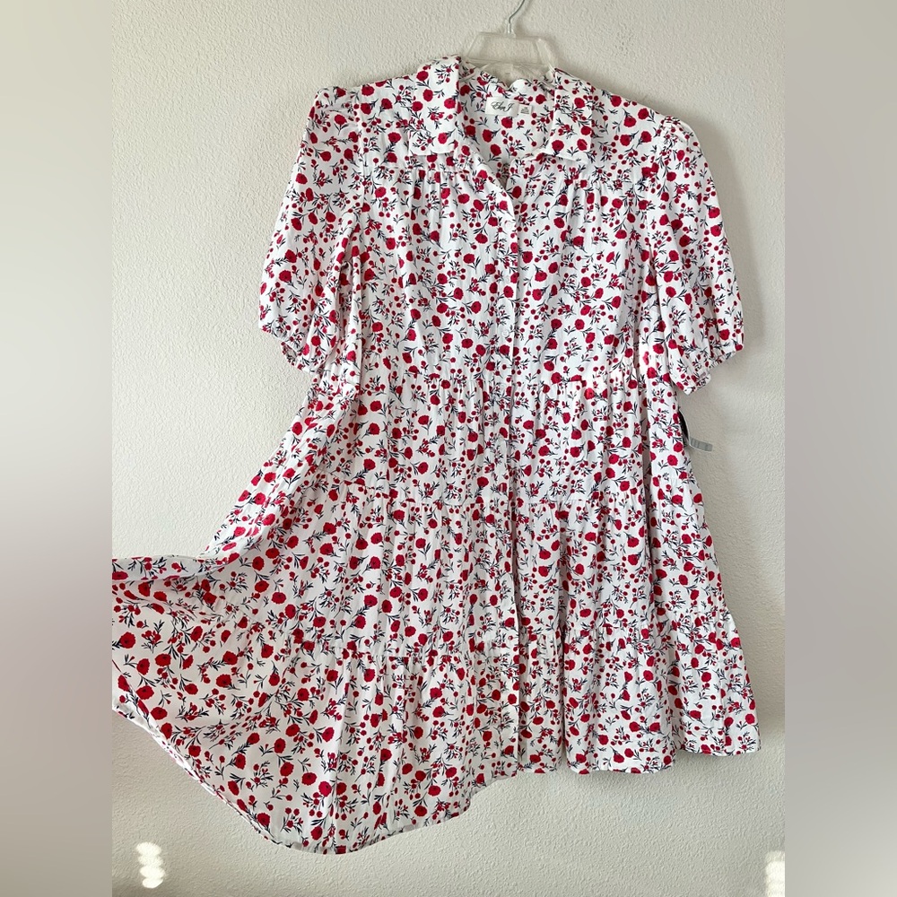 ELIZA J Boho Babydoll Dress 16W Poppy Floral Puff Sleeve Tiered Summer Vacation - Picture 2 of 13